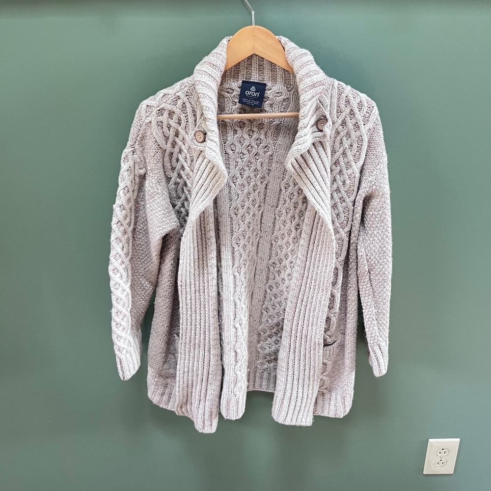 Aran Woollen Mills‎ 100% Merino Wool Cable Knit Cardigan Made in Ireland Size S